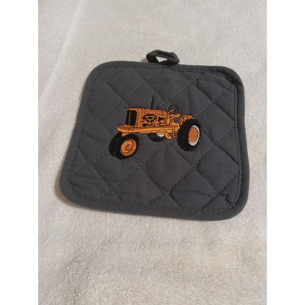 Gray Quilted‎ Potholder with Embroidered Tractor Farmhouse Kitchen Decor